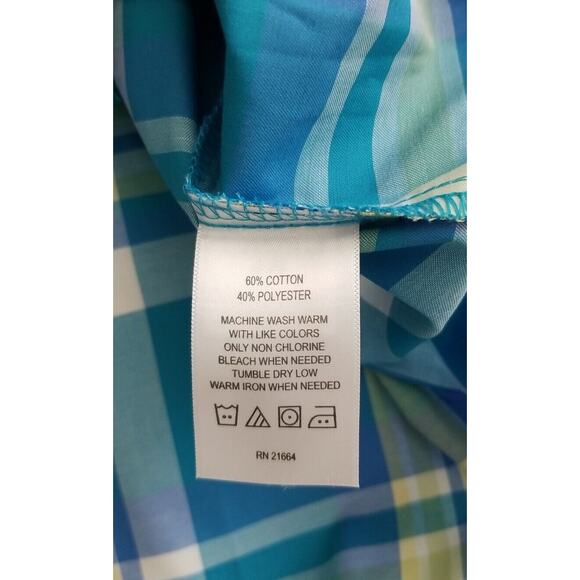 Foxcroft Shirt Womens 16 Shaped Blue Green Plaid White Buttons Long Sleeve - Picture 7 of 7